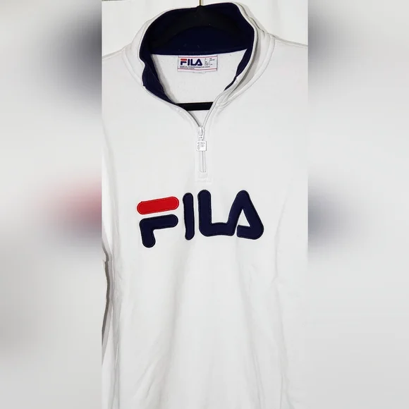 Fila Ladies' 1/4 Zip Fleece Pullover Sweatshirt, White/Navy Large - Picture 10 of 14